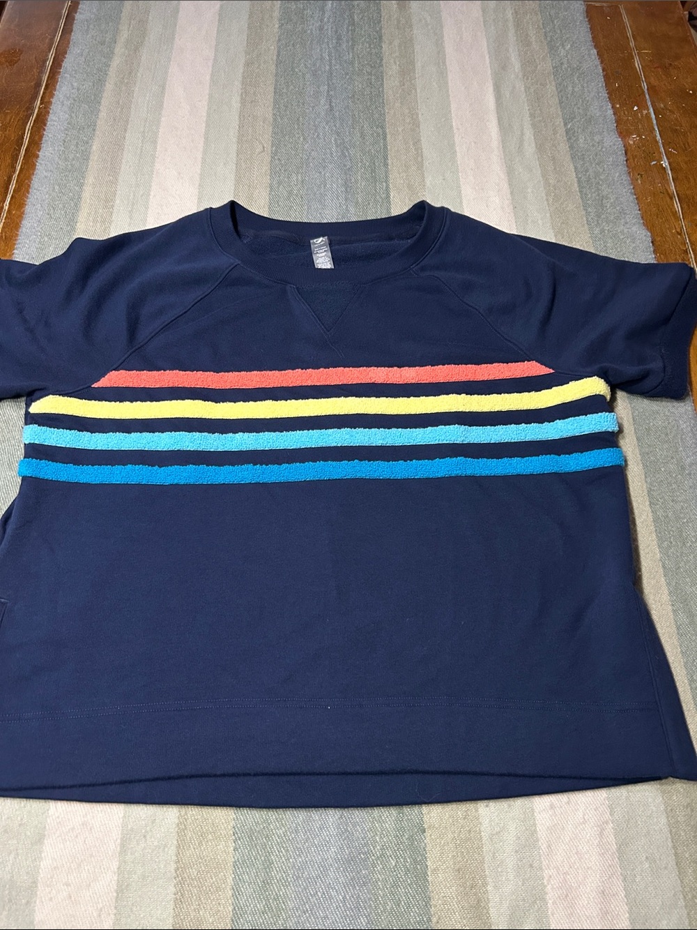 Lou & Grey Navy Short Sleeve Knit Top with Textured Stripes and Yoke- Size L-